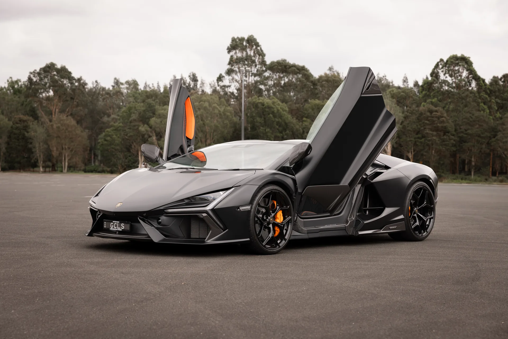 Front view of the black Lamborghini Revuelto hypercar from the G Class Hire Sydney fleet