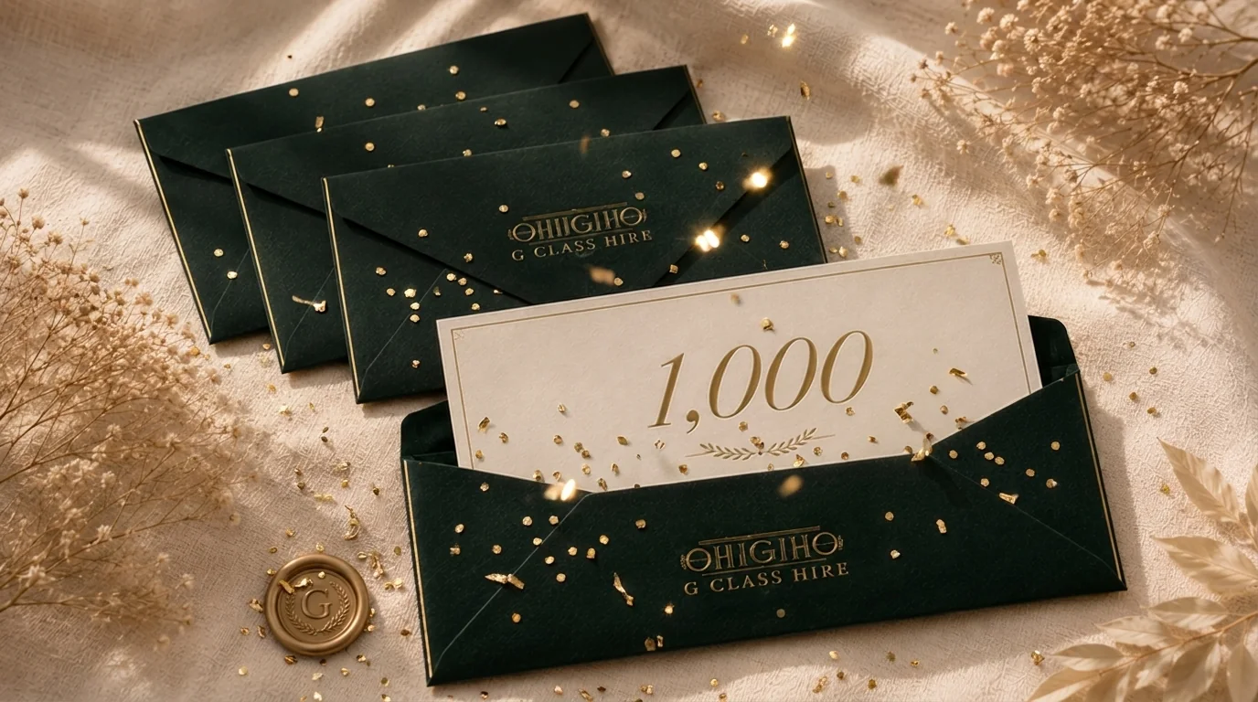 One Thousand Thank Yous vouchers from G Class Hire Sydney in their emerald envelopes