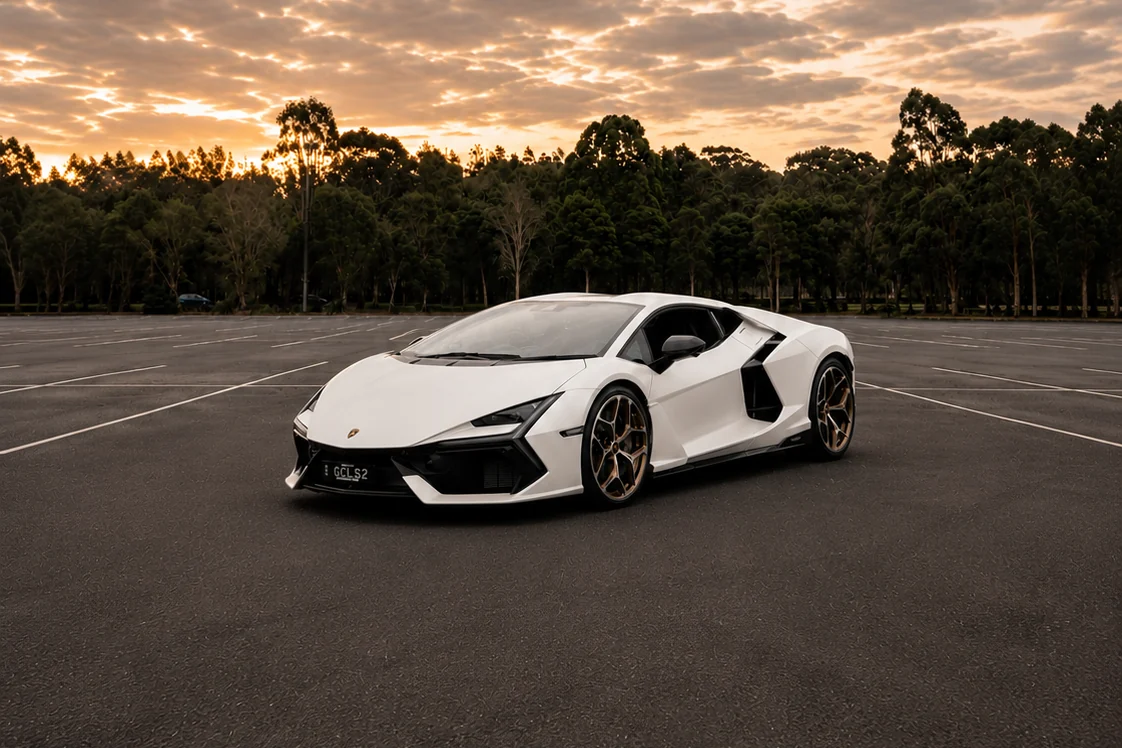 White Lamborghini Revuelto at sunset