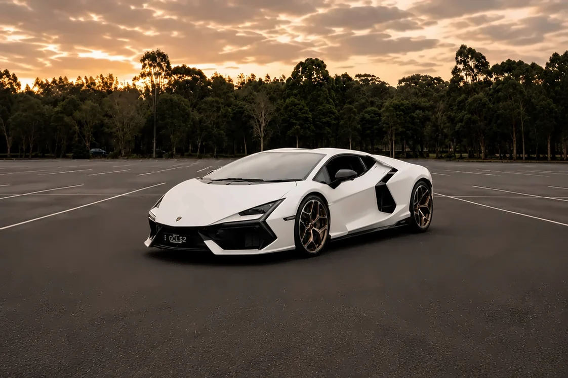 White Lamborghini Revuelto at sunset