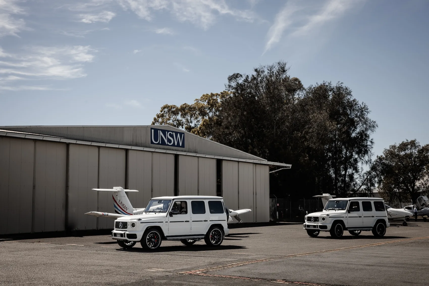 A white Mercedes-AMG G63 G-Wagon — chauffeured hire in Sydney