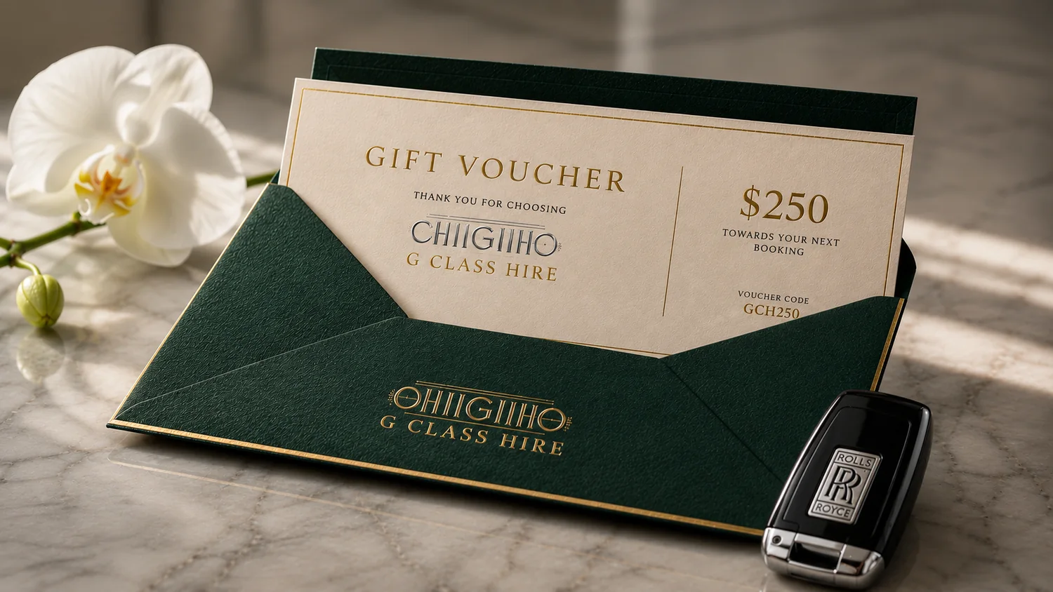 A G Class Hire gift voucher in its emerald envelope, beside a Rolls-Royce key