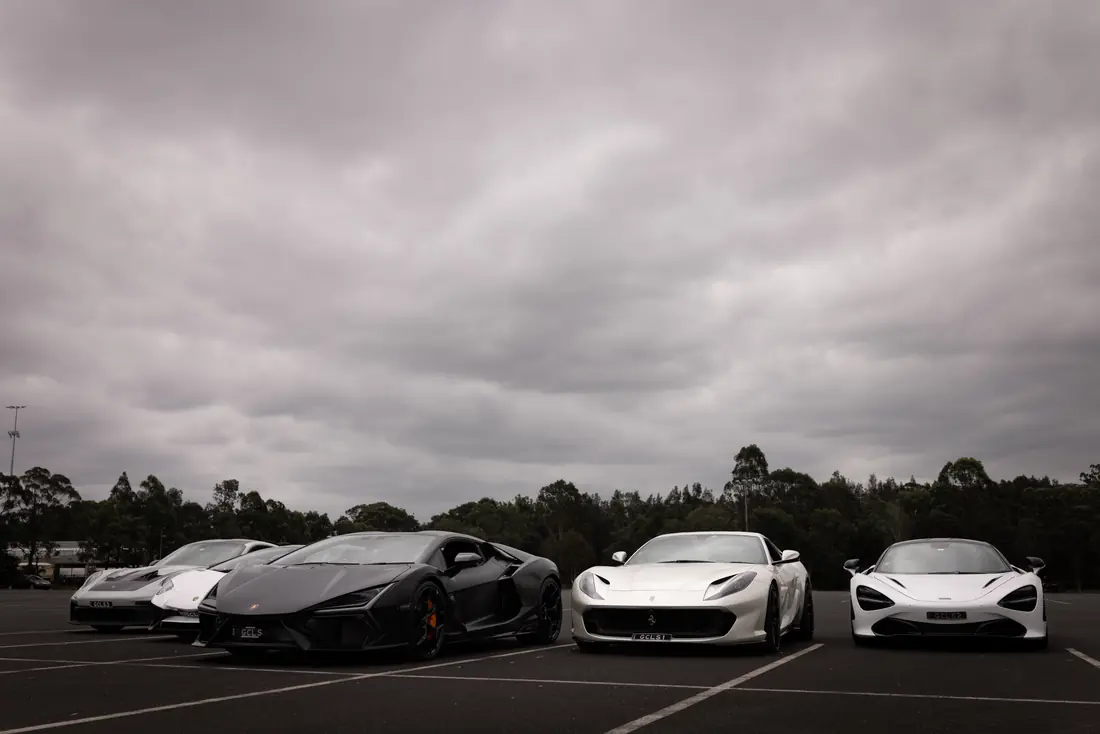 G Class Hire supercar fleet with the matte-white Lamborghini Revuelto, Sydney