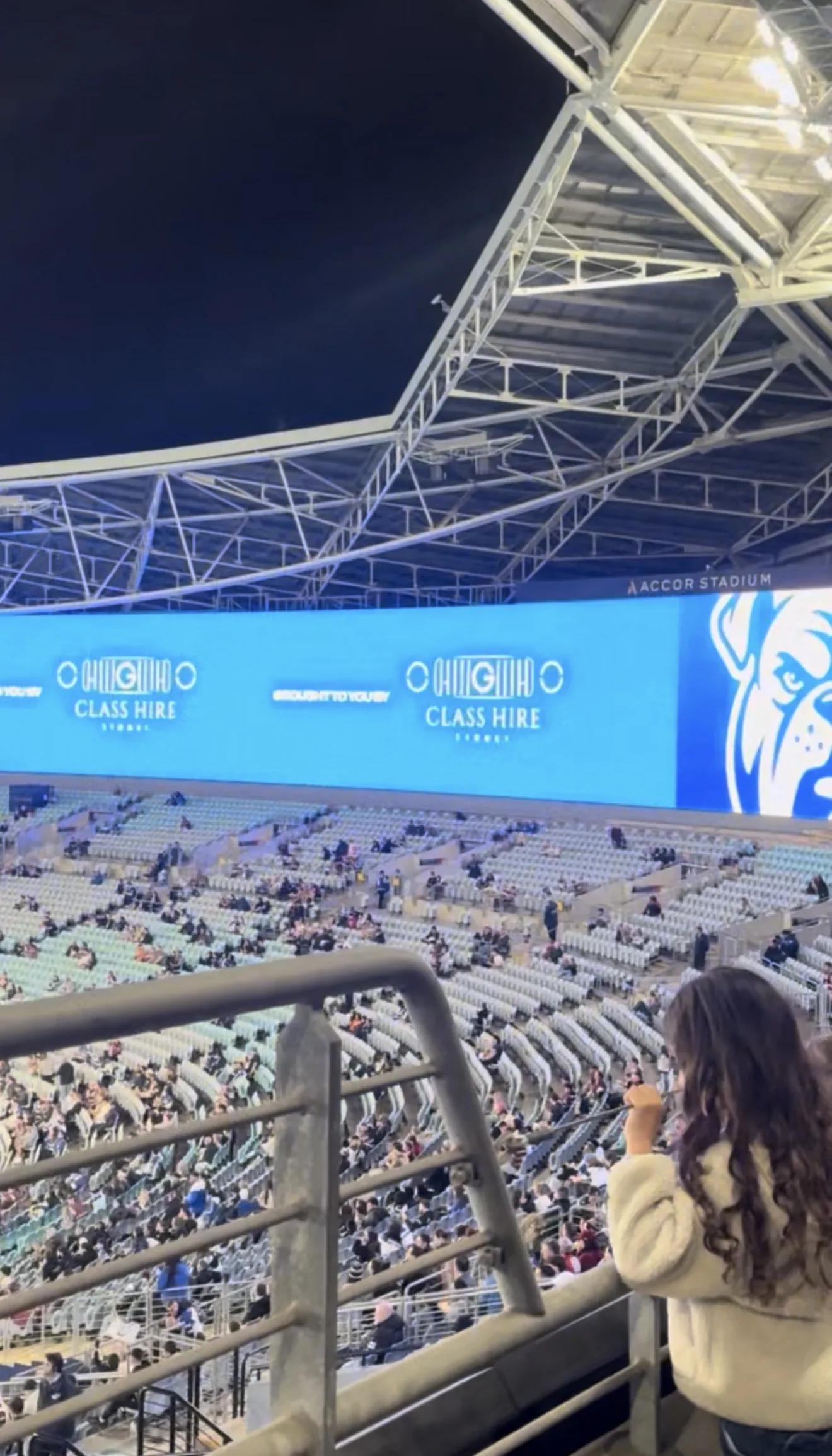 Main screen, beside the mascot — G Class Hire at Accor Stadium