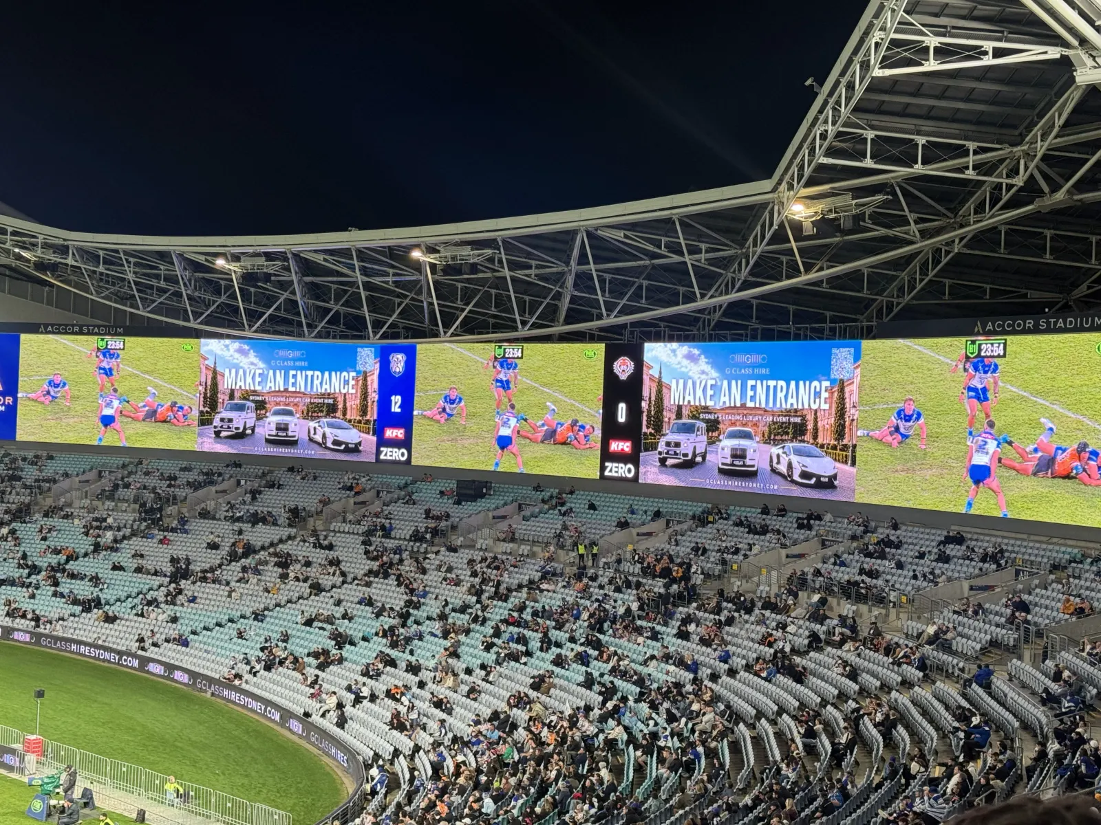 G Class Hire's Make an Entrance campaign on the big screens at Accor Stadium